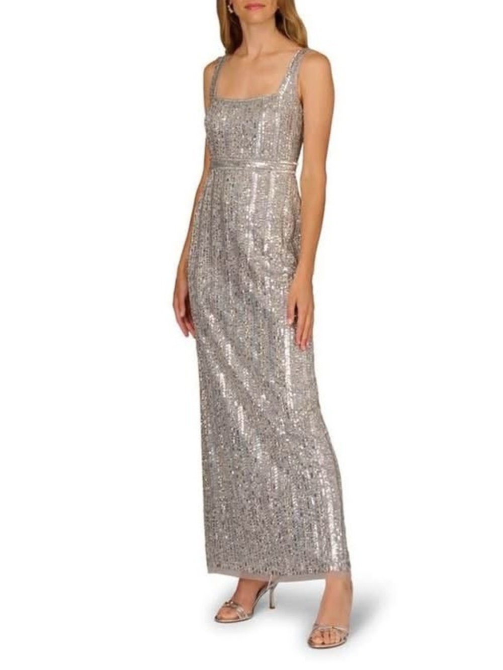 Aidan Mattox Silver Sequin sleeveless gown -Neck Maxi Gown
